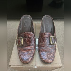 Franco Sarto Brown Croc-Embossed Slip-On Loafers with Gold Buckle